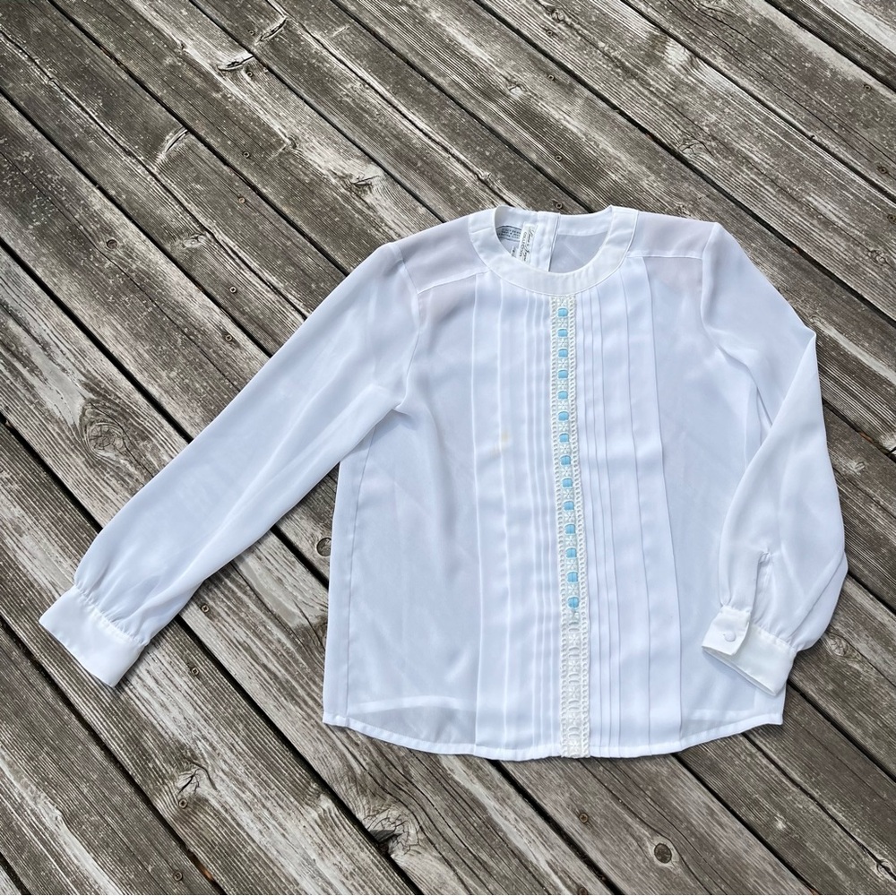 Laura & Jayne Collection white sheer + turquoise ribbon/lace embellished blouse